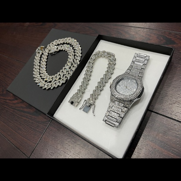 Mens Diamond Watch Chain Bracelet Cuban Link Set Jewellery Iced Out Bussdown - Picture 4 of 10